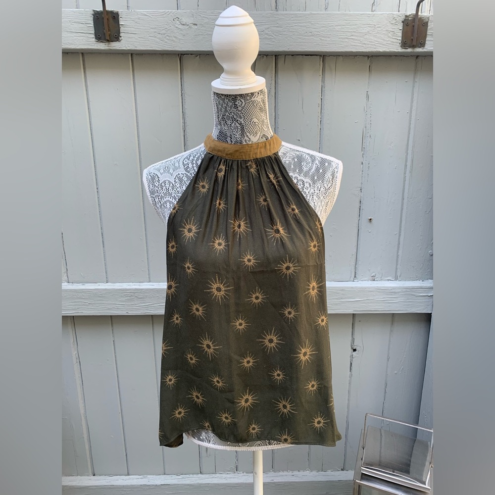 FREE PEOPLE Printed Halter Green and Gold Blouse